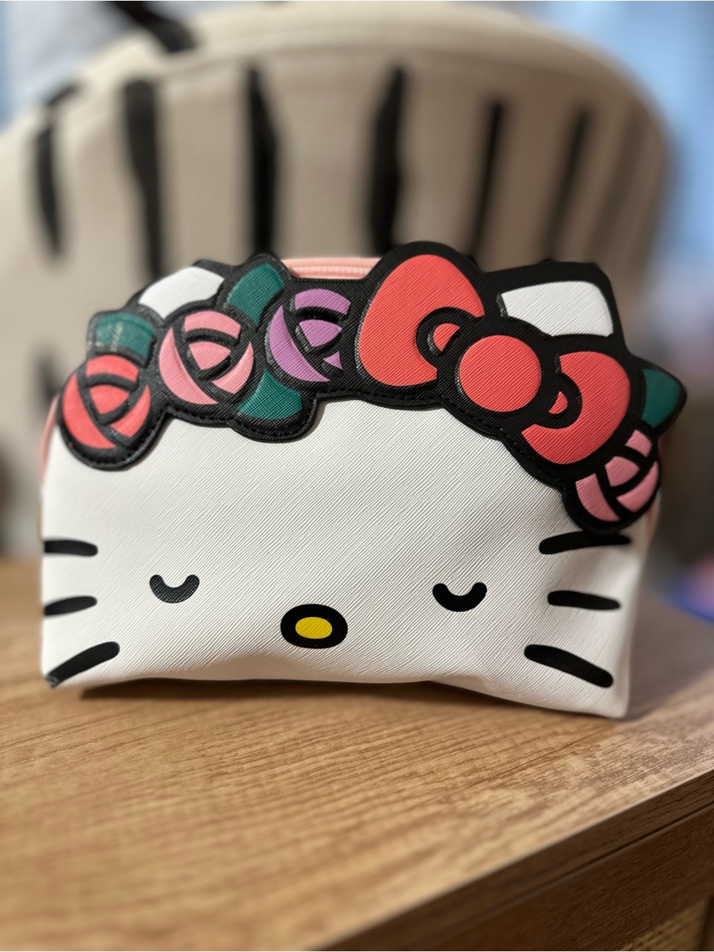 Hello Kitty White Pouch or cosmetic Bag with Pink & Green Floral Bow